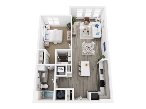 A top-down view of a small apartment with a bedroom, living room, and kitchen.